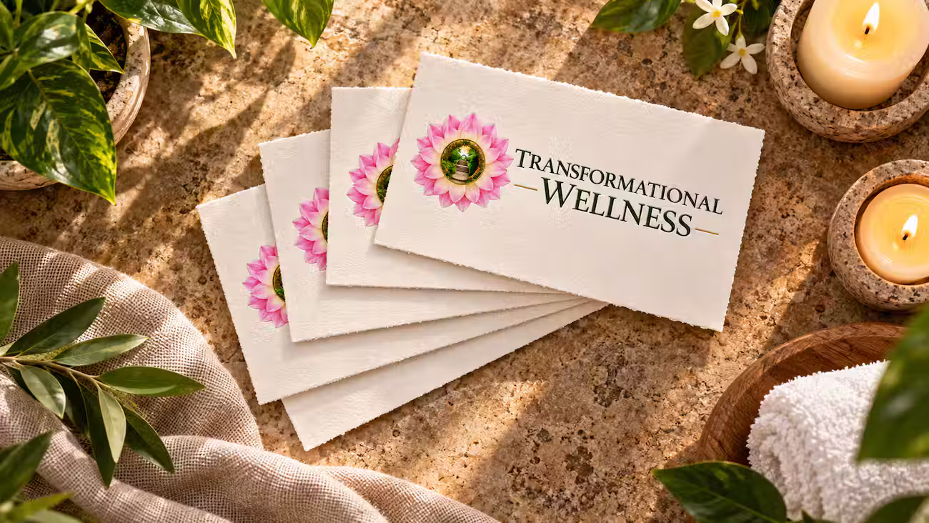 Transformational Wellness gift certificates on a table