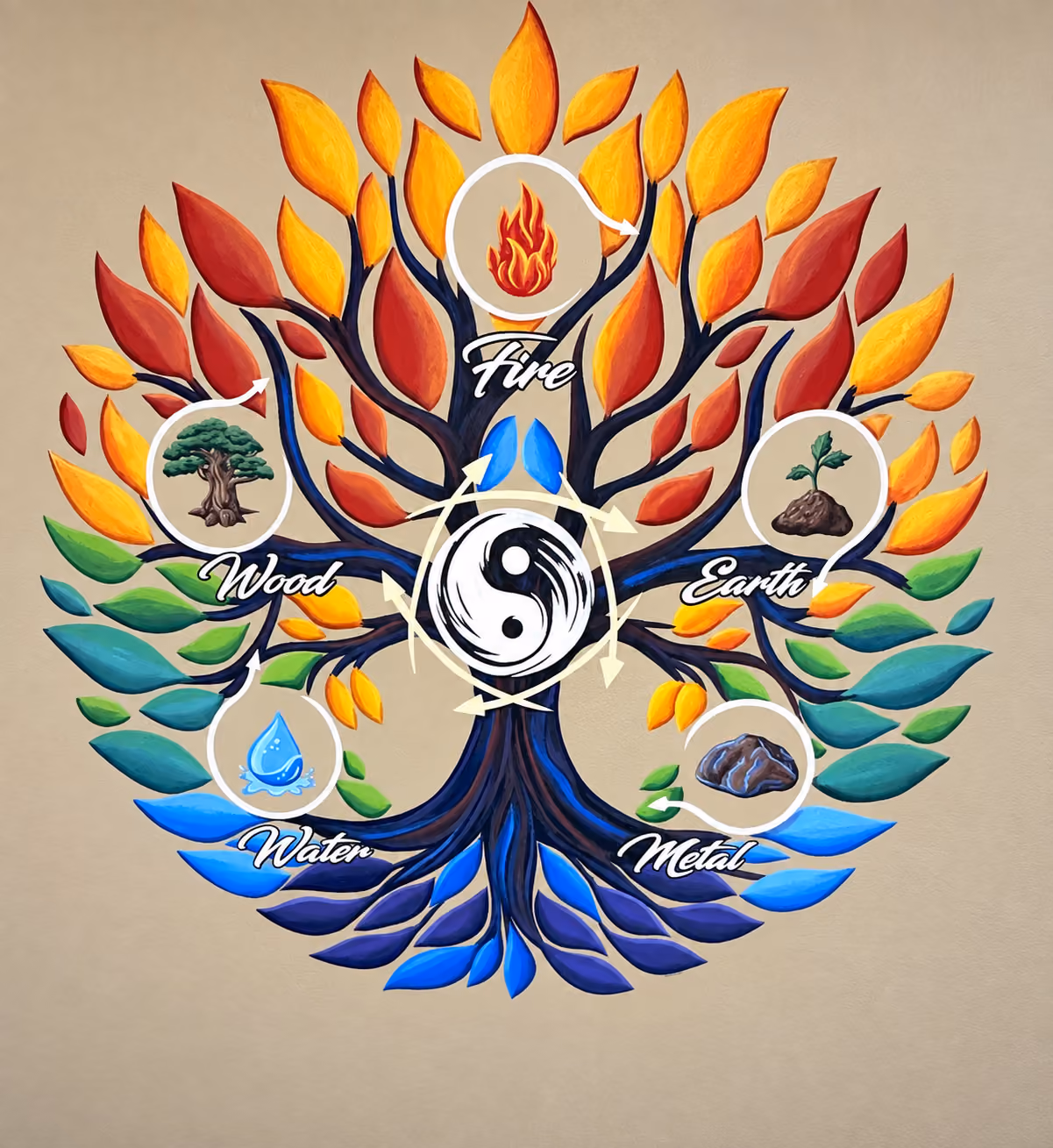 Five elements tree mural at Transformational Wellness showing wood, fire, earth, metal and water