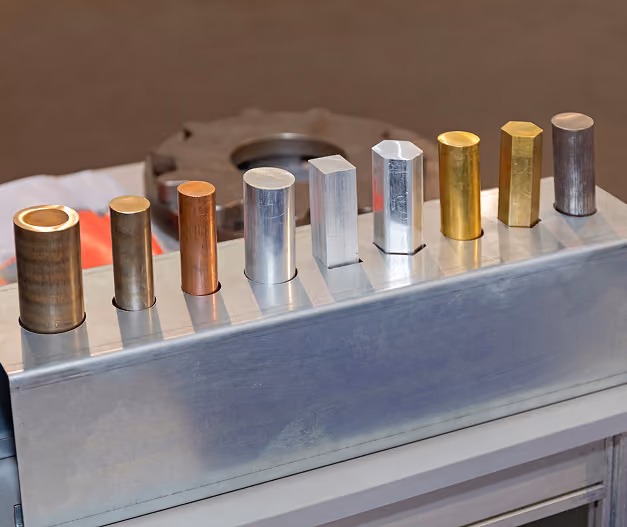 Various metal rods of different shapes and sizes arranged on a metal block for industrial use.
