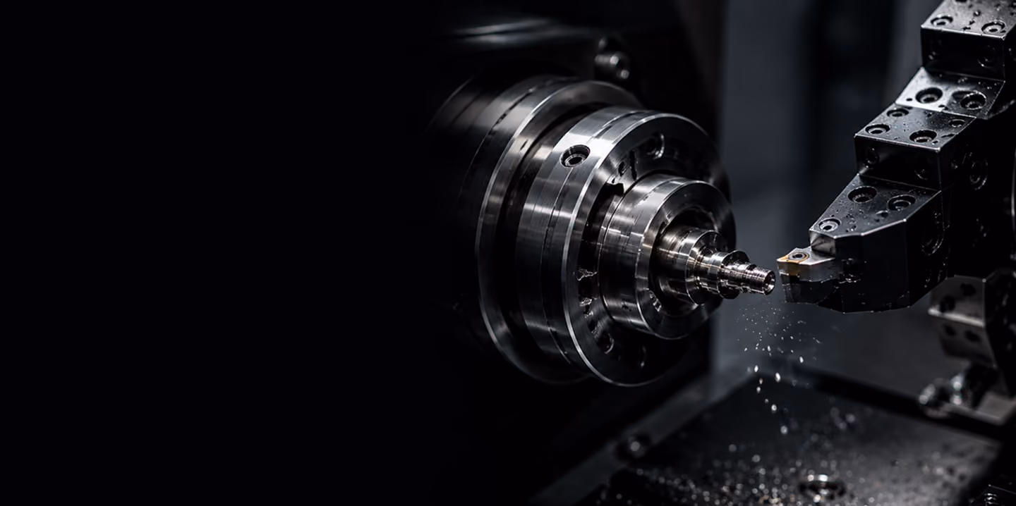 Close-up of a CNC lathe machine cutting a metal cylindrical workpiece with metal shavings scattered below.