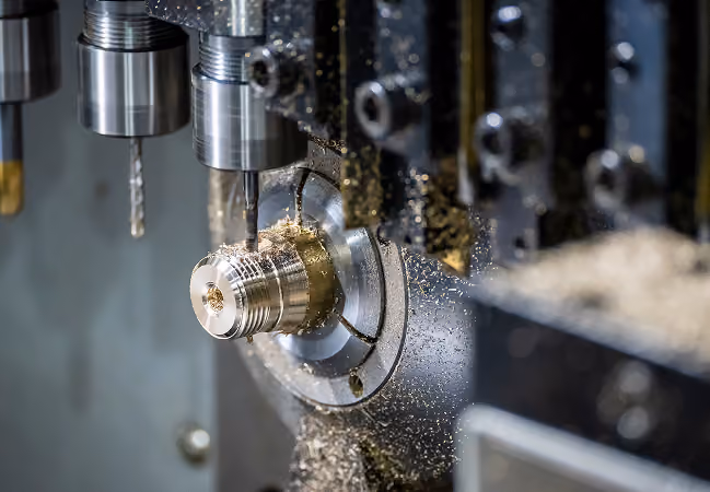 Metal lathe machine cutting a threaded brass cylinder with metal shavings around it.