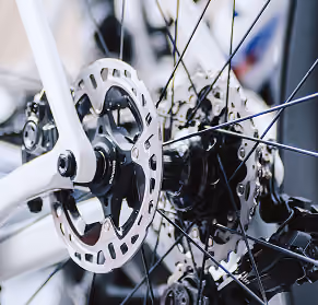 Close-up of a bicycle rear wheel hub, disc brake rotor, and gears with spokes.