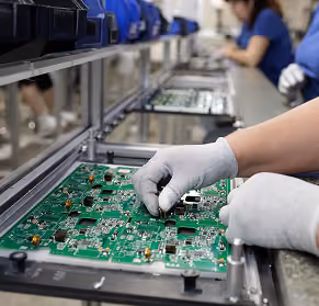 Worker wearing gloves assembling or inspecting a green printed circuit board in an electronics factory.
