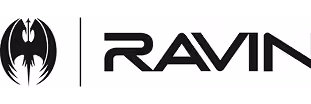 Ravin brand logo with stylized bat symbol on the left and text on the right.