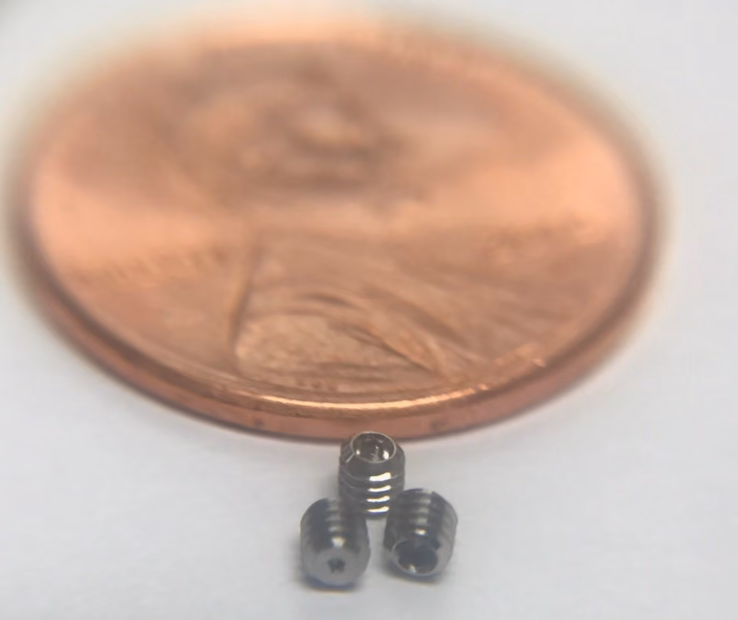 Three tiny metal screws placed in front of a US penny on a white background.