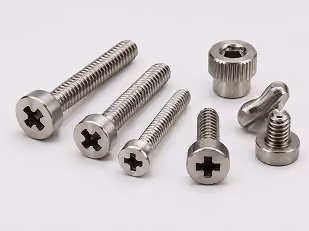 Various small metal screws and fasteners arranged on a white surface.