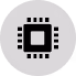 Black computer chip icon with circuit lines on gray speech bubble background.