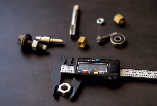 Digital caliper measuring the diameter of a metal nut on a dark surface with small mechanical parts nearby.