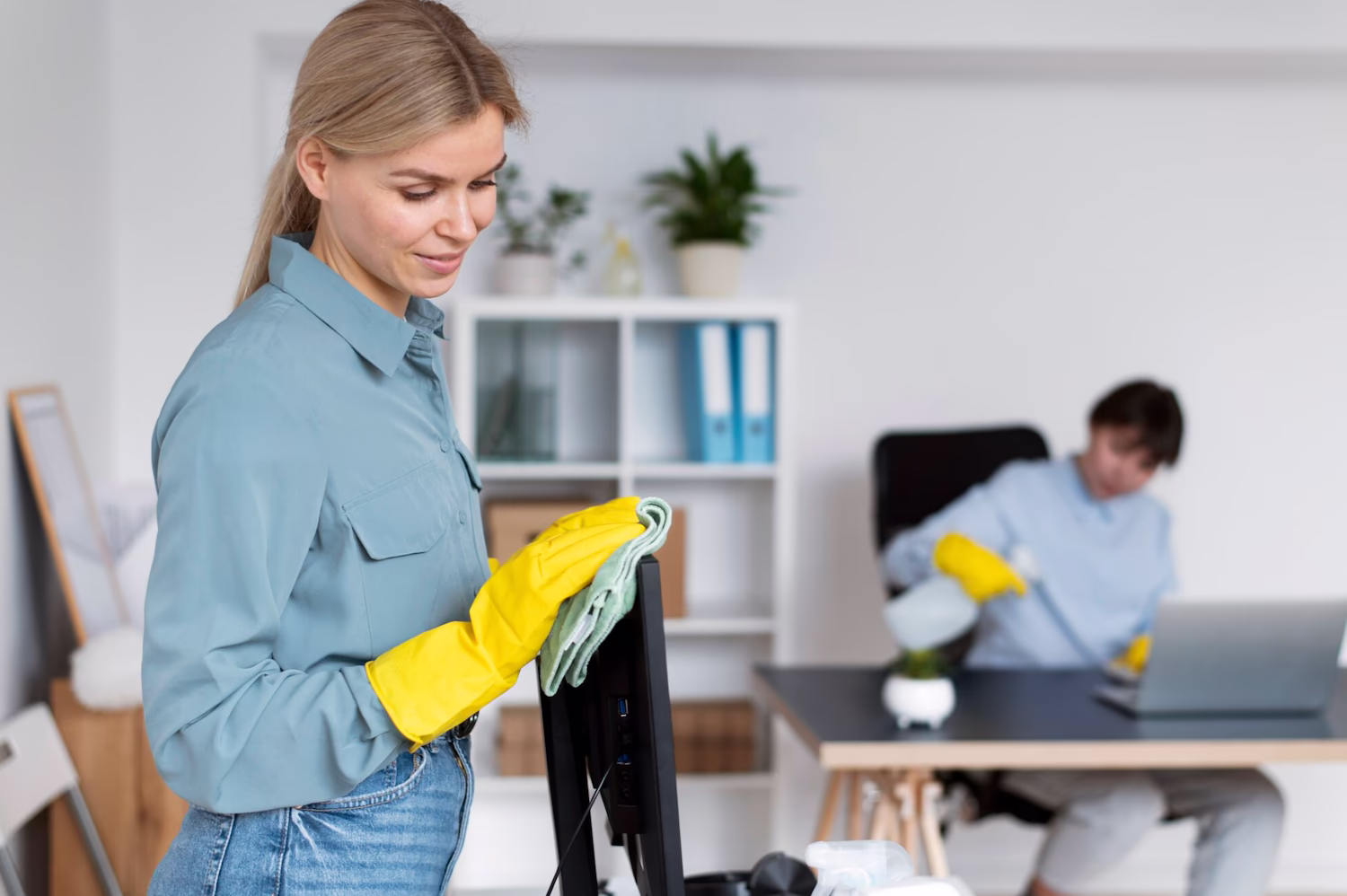 Cleaner in yellow gloves wiping a computer monitor in an office