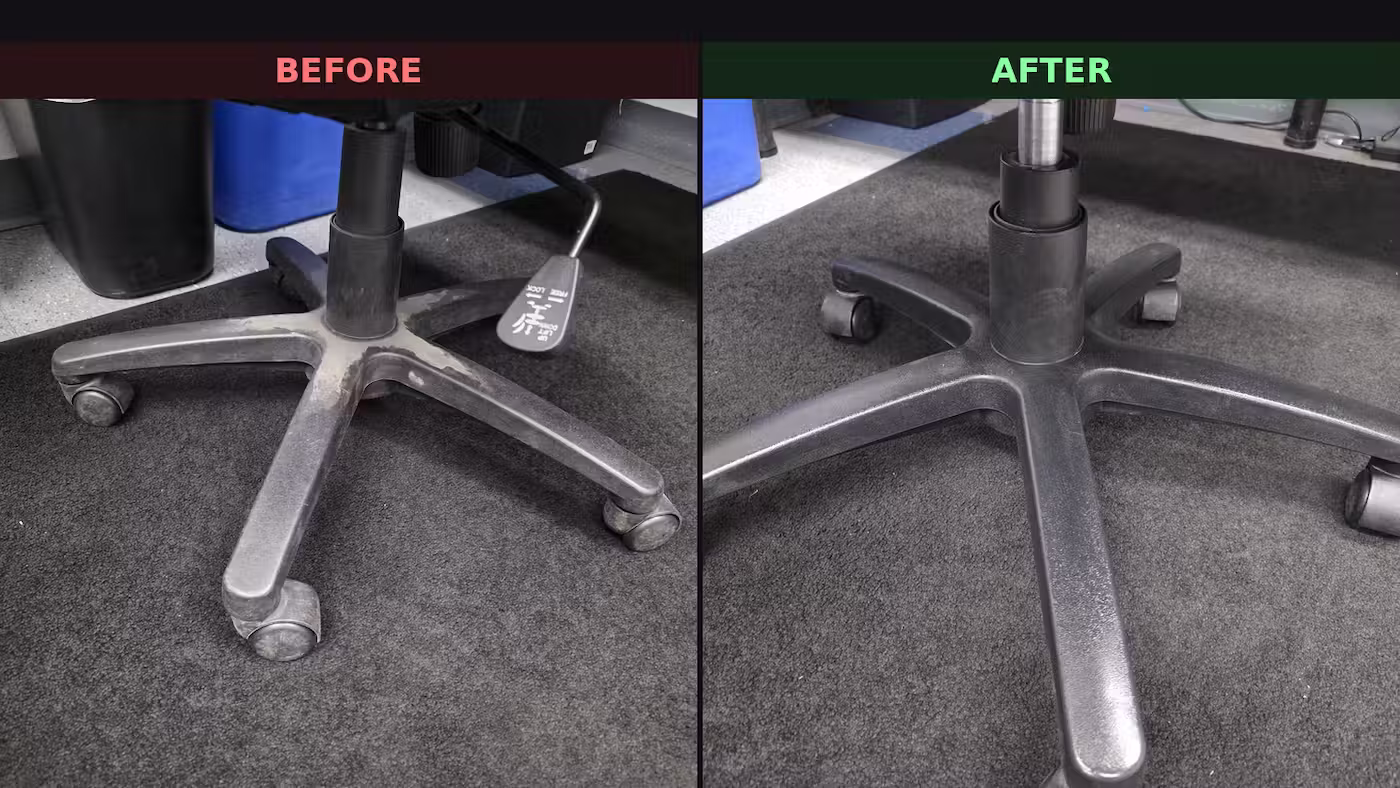 Before and after: office chair base cleaned during janitorial service