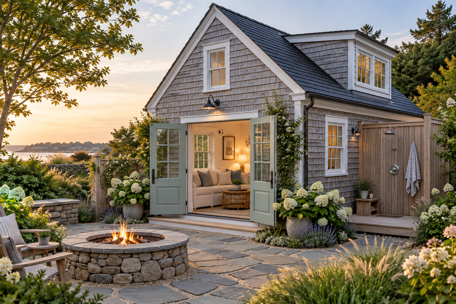 Architectural concept of a coastal ADU with open doors, an outdoor shower, and a garden firepit