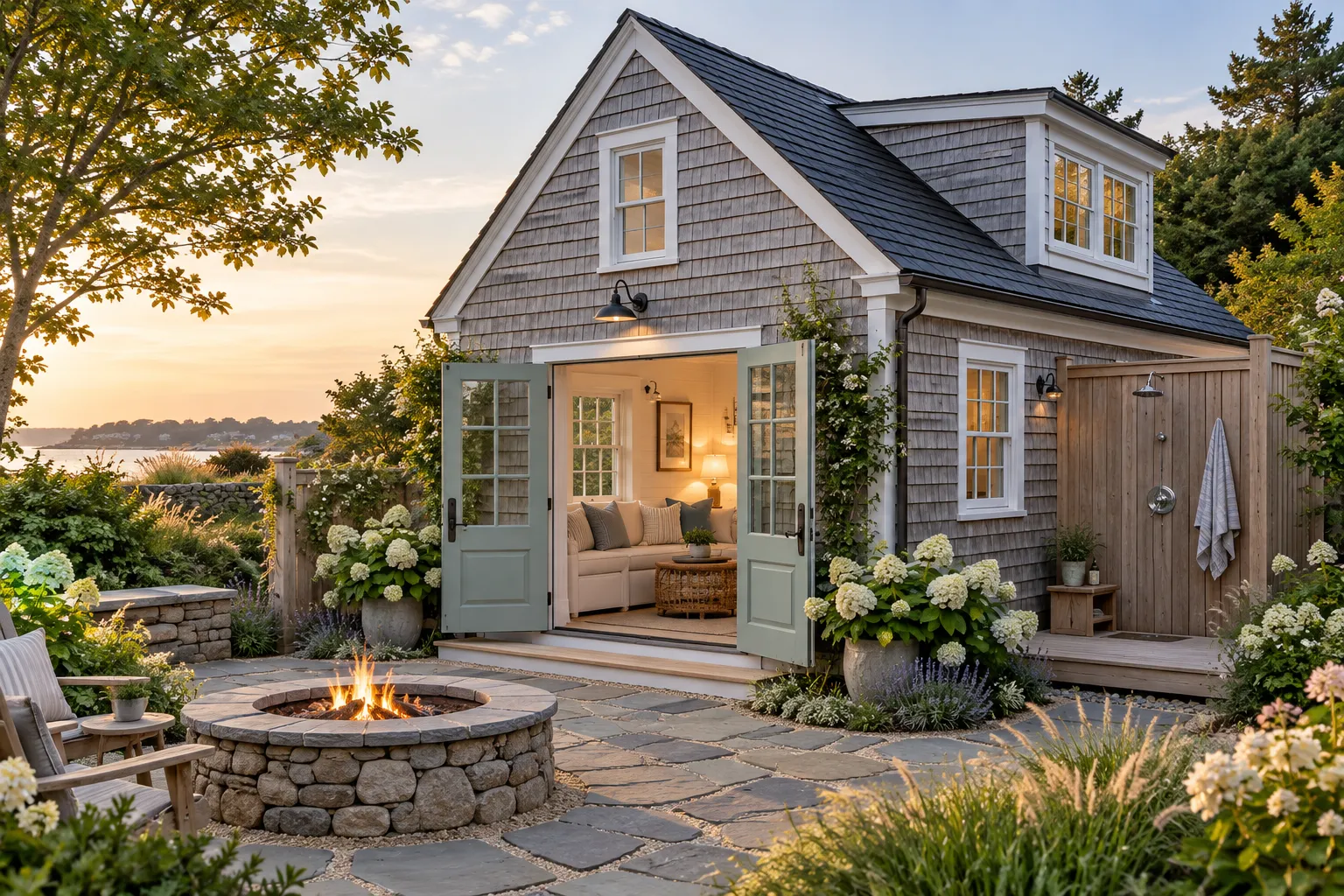 Architectural concept of a coastal ADU with open doors, an outdoor shower, and a garden firepit