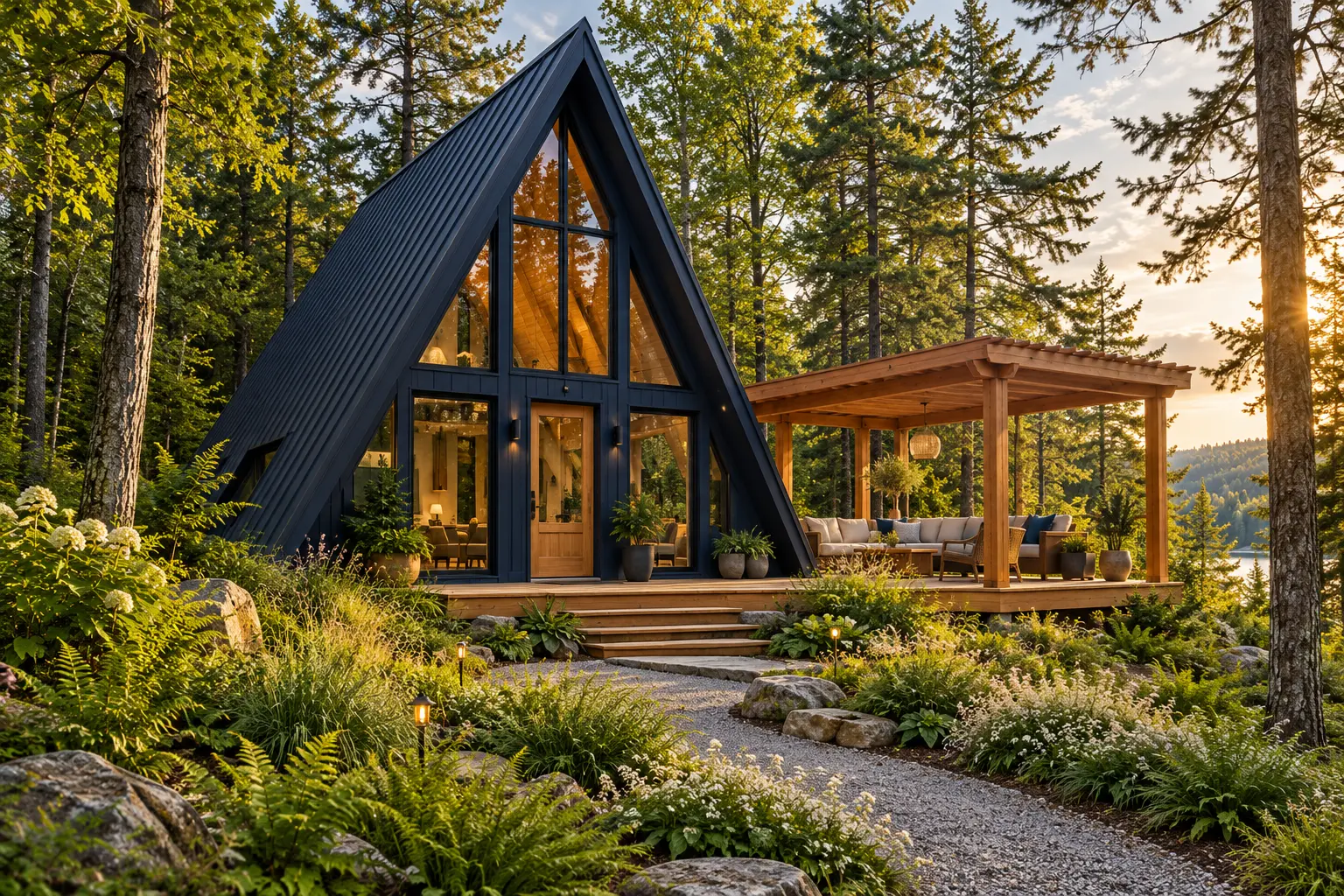 Architectural concept rendering of a navy A-frame cabin with a cedar pergola in a lush woodland garden
