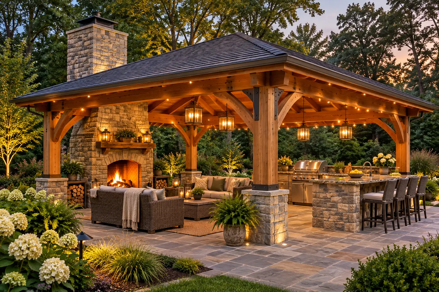 Architectural concept of a timber outdoor pavilion with stone fireplace, grill kitchen, seating, and garden lighting