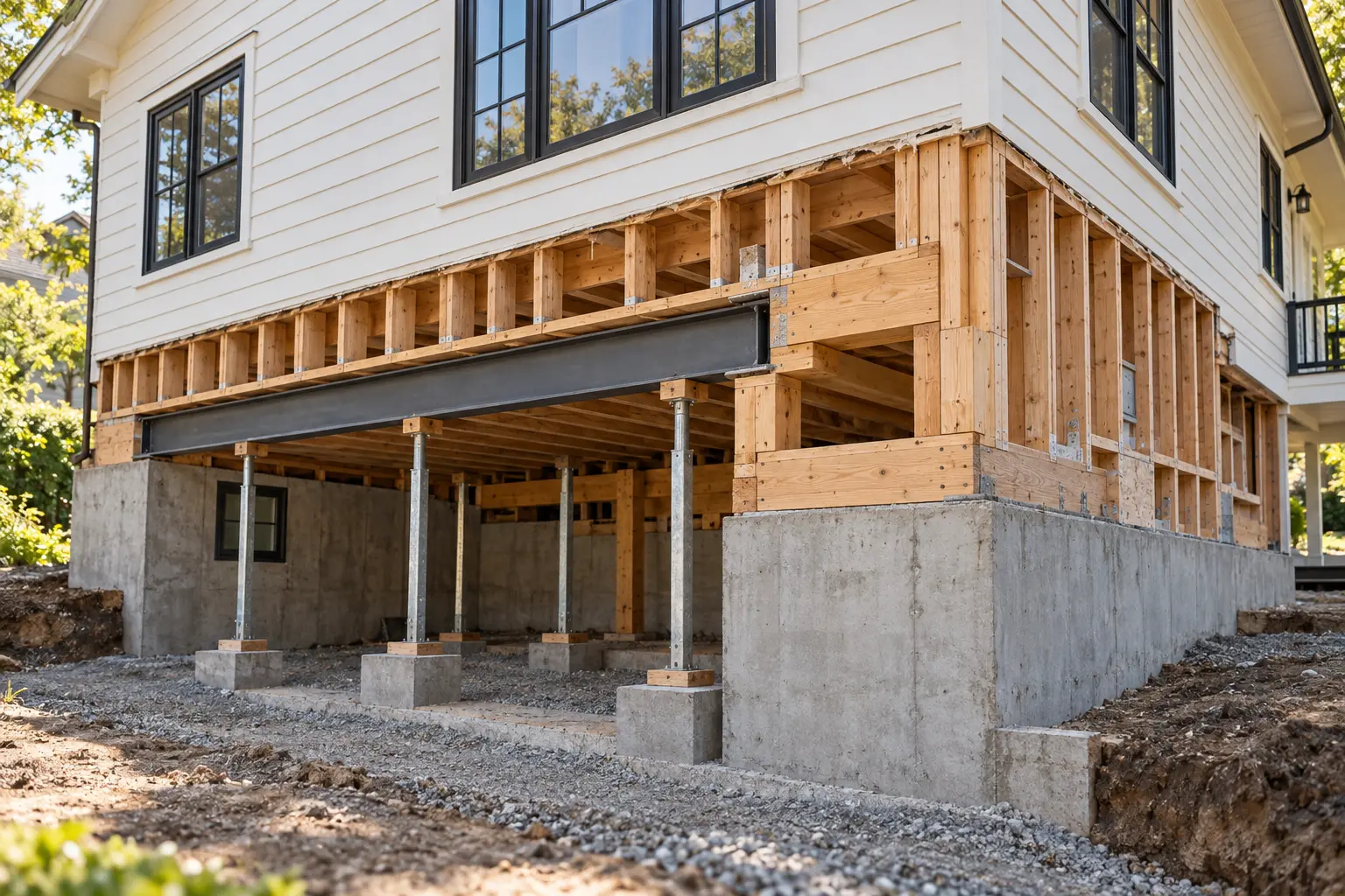 Architectural concept illustrating a house with exposed structural framing, steel reinforcement, temporary shoring, and a concrete foundation