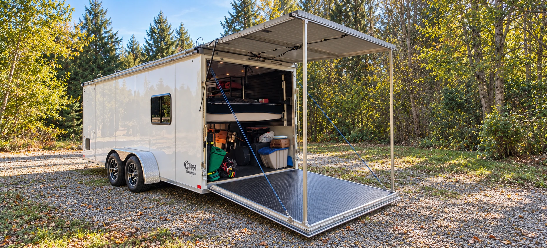 Tiny home on wheels built by The Kirchoff Group, with dual axles, solar awning, and open rear ramp