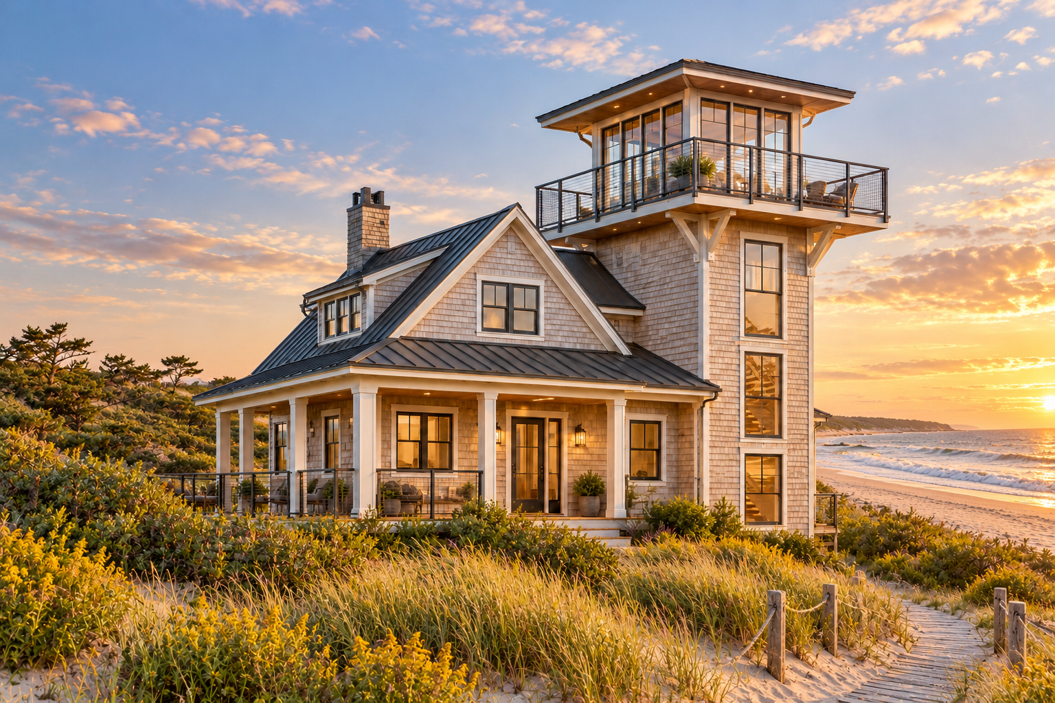 Architectural concept of a coastal New England small home with a glazed lookout tower, observation deck, and native dune landscape