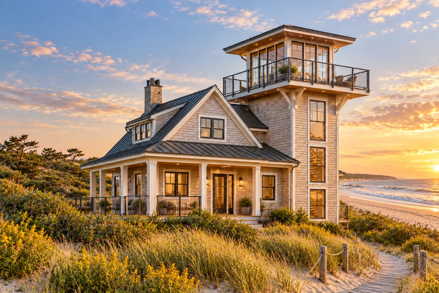 Architectural concept of a coastal New England small home with a glazed lookout tower, observation deck, and native dune landscape
