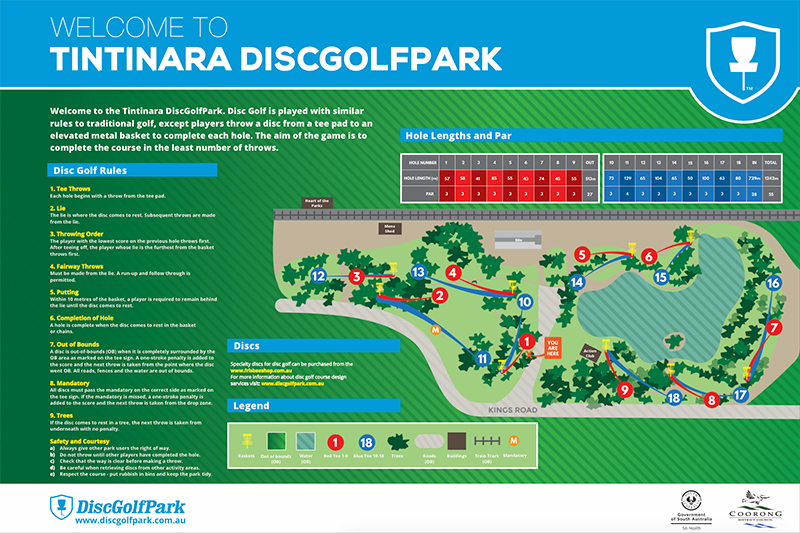 Tintinara Disc Golf Park course map showing the 18-hole layout, red and blue tee areas, baskets, trees, roads, buildings, water hazards and course information.