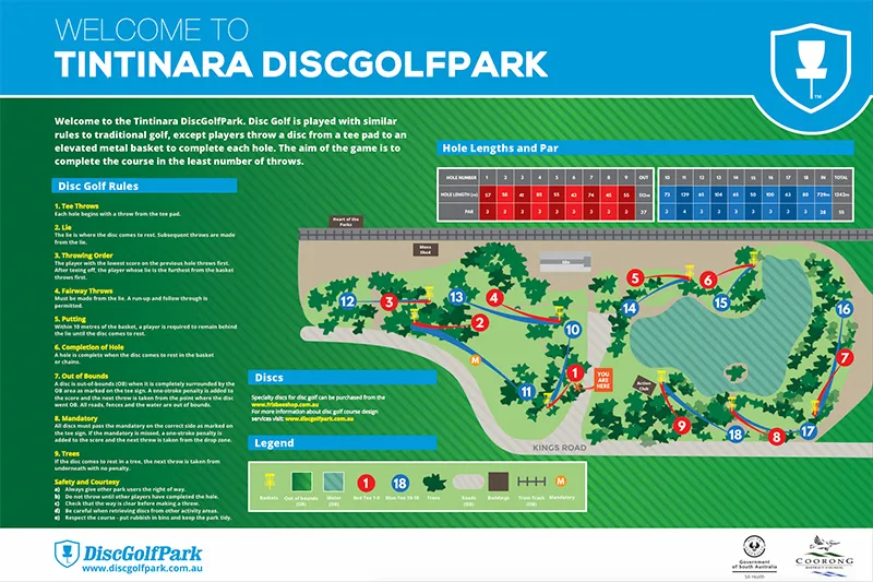 Tintinara Disc Golf Park course map showing the 18-hole layout, red and blue tee areas, baskets, trees, roads, buildings, water hazards and course information.