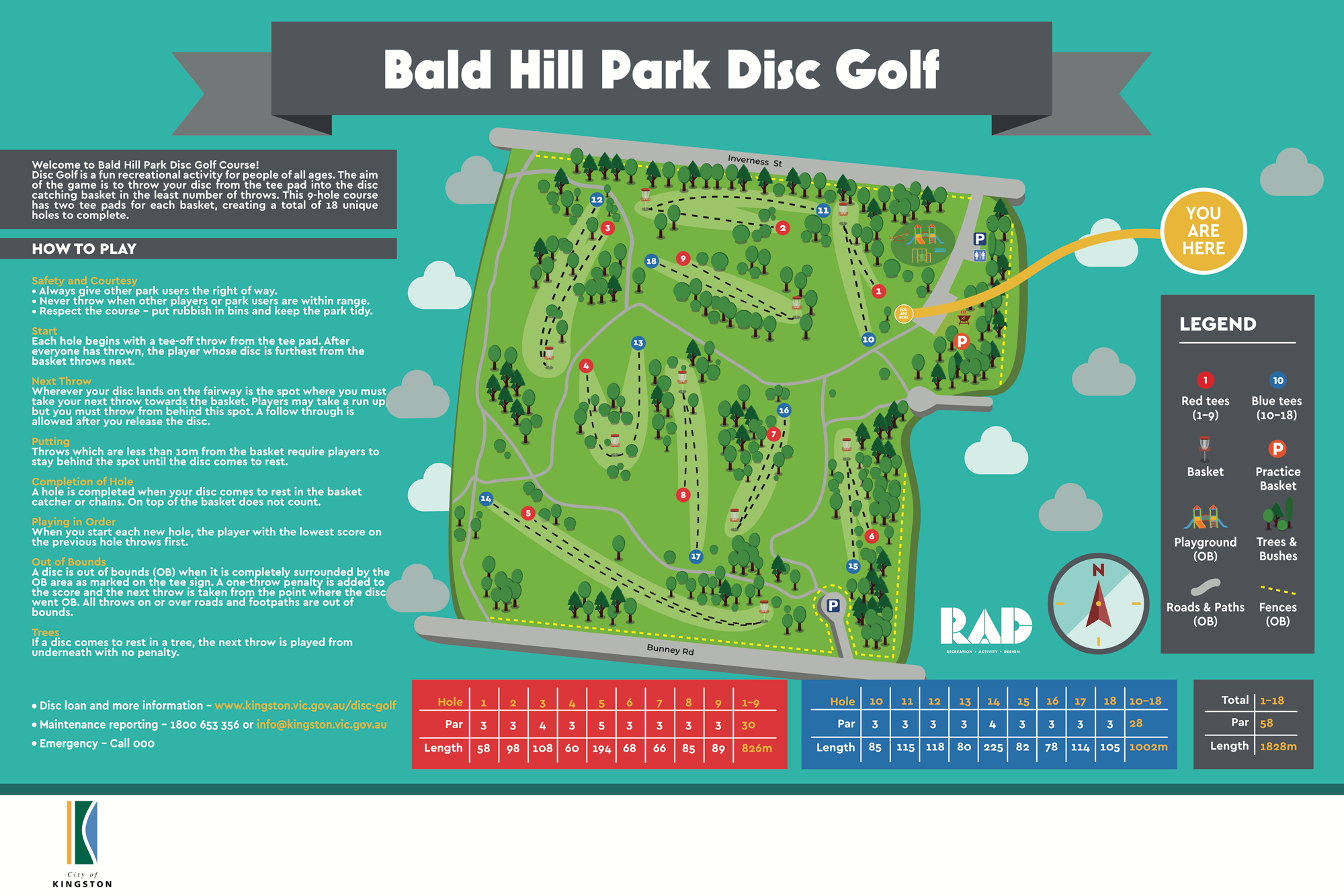 Bald Hill Park Disc Golf Course map showing the 18-hole layout, red and blue tee areas, baskets, practice basket, playground, trees, paths, parking and course rules.