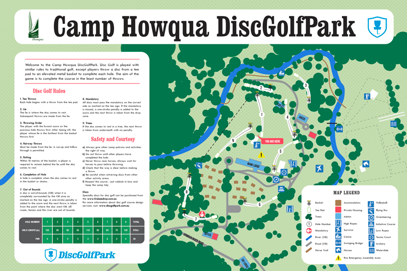 Camp Howqua Disc Golf Park course map showing the 9-hole layout, tee pads, baskets, accommodation, camp activity areas, river, trees and course rules.