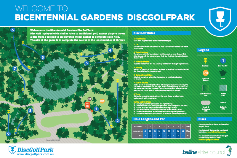 Bicentennial Gardens Disc Golf Park course map showing the 9-hole layout, tee areas, baskets, practice basket, trees, water, roads and out-of-bounds areas.