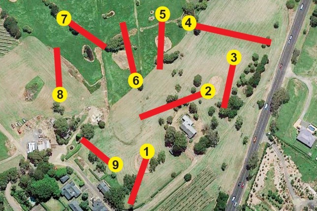 Aerial map of the Coolangatta Estate Disc Golf Course in New South Wales showing the 9-hole layout across open fields, vineyard land and surrounding property.
