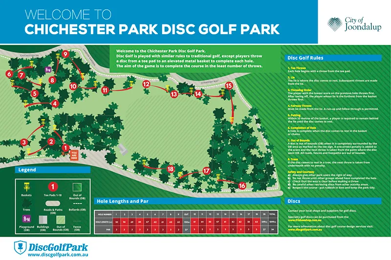 Chichester Park Disc Golf Park course map showing the 18-hole layout, tee pads, baskets, fairways, trees, paths, playground, roads and course rules.