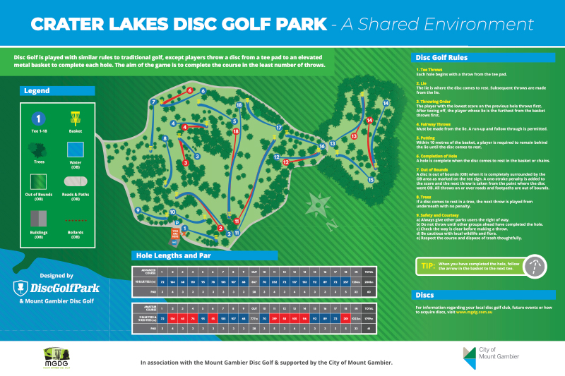 Crater Lakes Disc Golf Park course map showing the 18-hole layout, tee areas, baskets, trees, water, roads, out-of-bounds areas and course information.