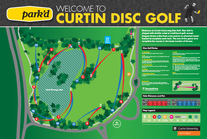 Curtin University Disc Golf course map showing the 18-hole layout around Jack Finney Lake, with red and blue tee areas, baskets, paths, trees and course information.