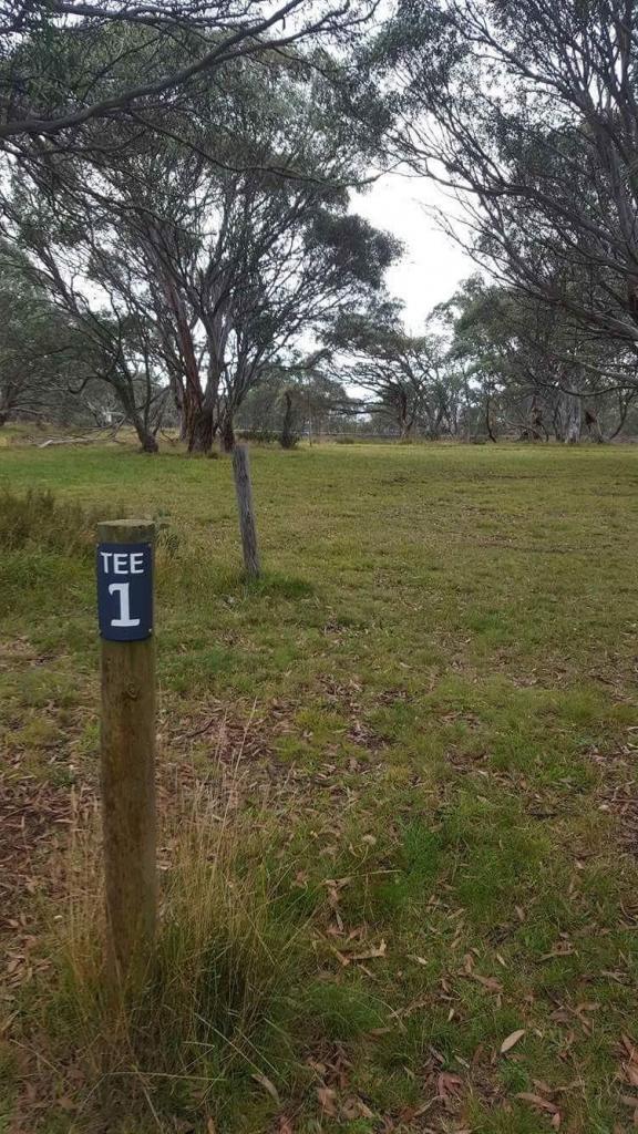 Tee 1 marker at Dinner Plain Alpine Village Disc Golf Course in Victoria, overlooking a grassy fairway surrounded by native alpine woodland.