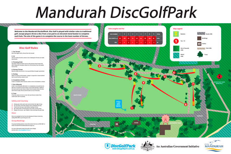 Mandurah Disc Golf Park course map showing the 9-hole layout, tee areas, baskets, fairways, trees, roads, parking, water and course rules.
