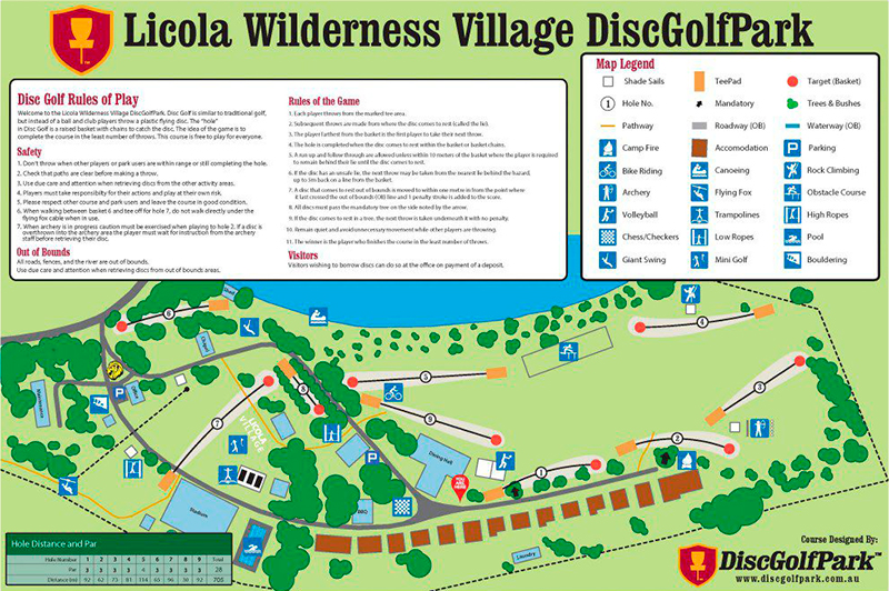 Licola Wilderness Village Disc Golf Park course map showing the 9-hole layout, tee pads, baskets, pathways, accommodation, activity areas, trees, waterway and course rules.