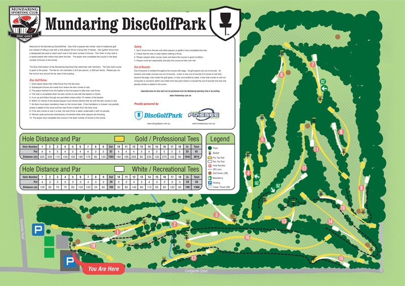 Mundaring Disc Golf Park course map showing the 18-hole layout, professional and recreational tees, baskets, fairways, trees, paths, parking and course information.