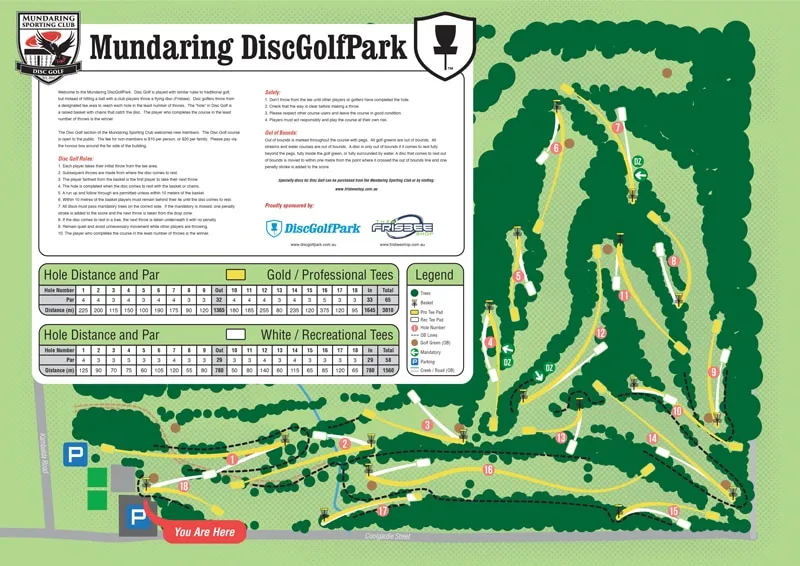 Mundaring Disc Golf Park course map showing the 18-hole layout, professional and recreational tees, baskets, fairways, trees, paths, parking and course information.