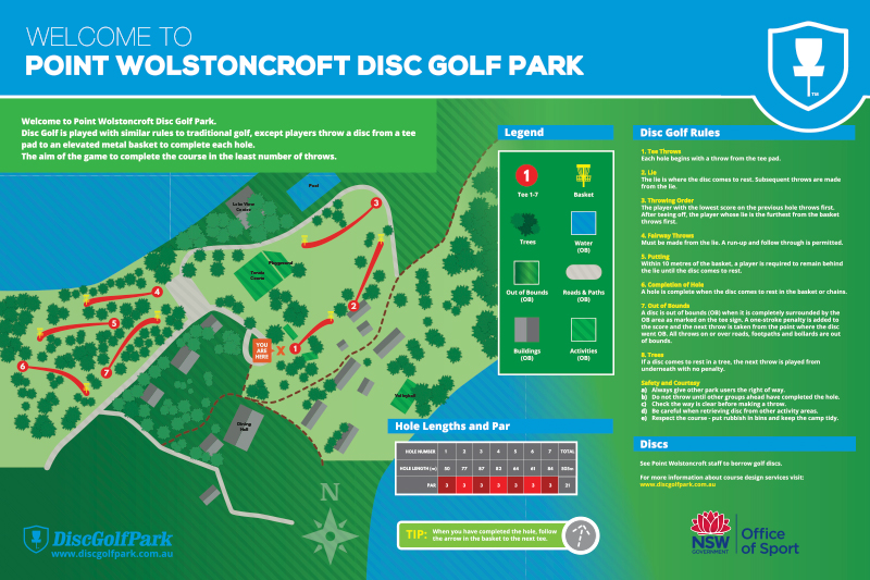 Point Wolstoncroft Disc Golf Park course map showing the 7-hole layout, tee areas, baskets, trees, buildings, roads, water and out-of-bounds areas.