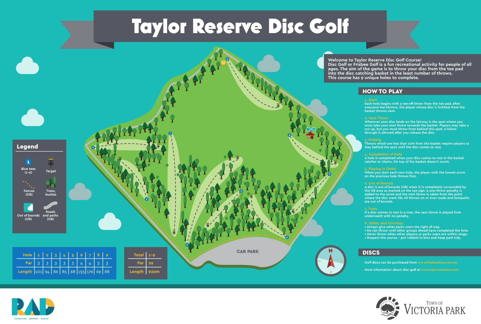 Taylor Reserve Disc Golf Course map showing the 9-hole layout, tee pads, targets, fairways, trees, paths, out-of-bounds areas and course rules.