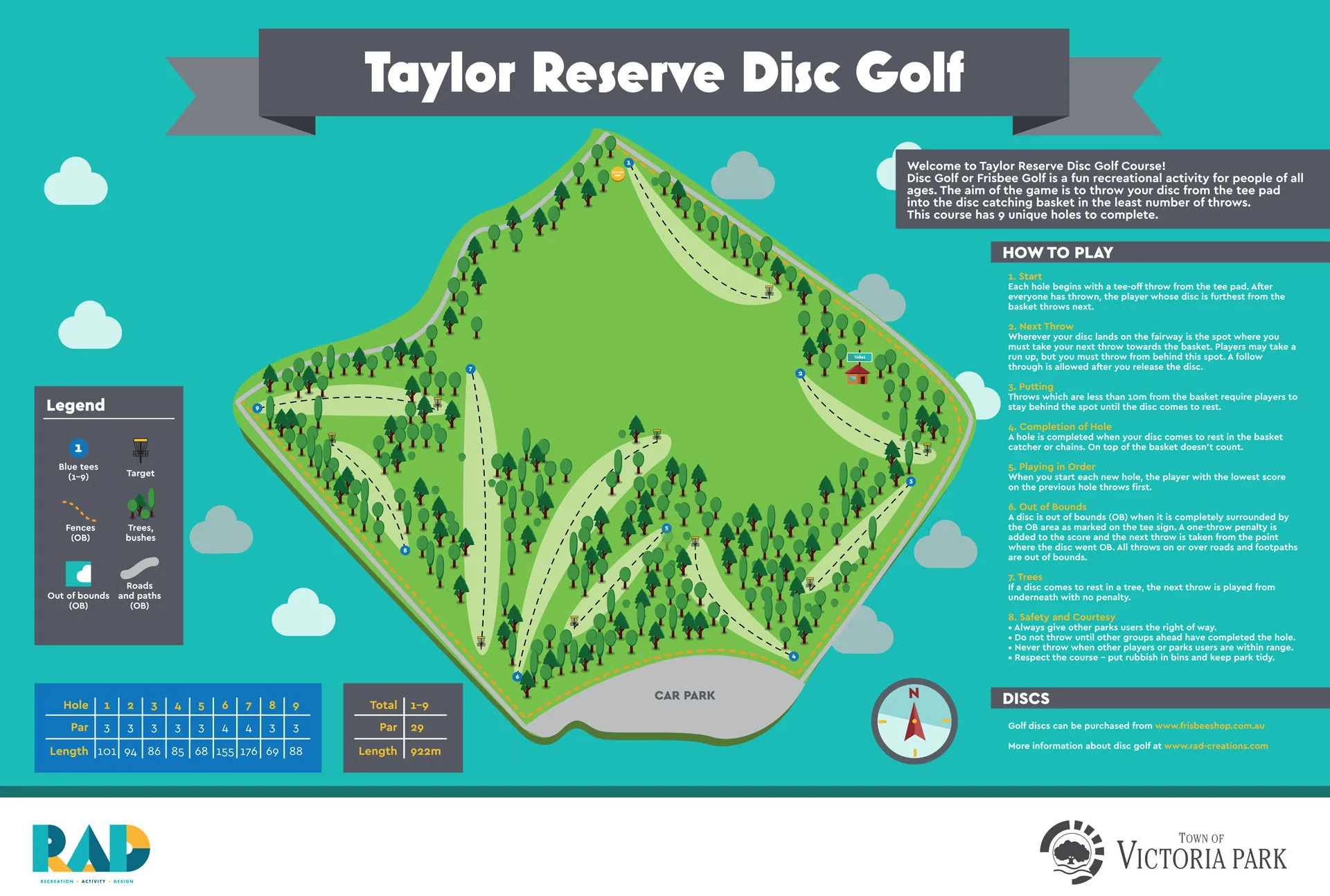Taylor Reserve Disc Golf Course map showing the 9-hole layout, tee pads, targets, fairways, trees, paths, out-of-bounds areas and course rules.