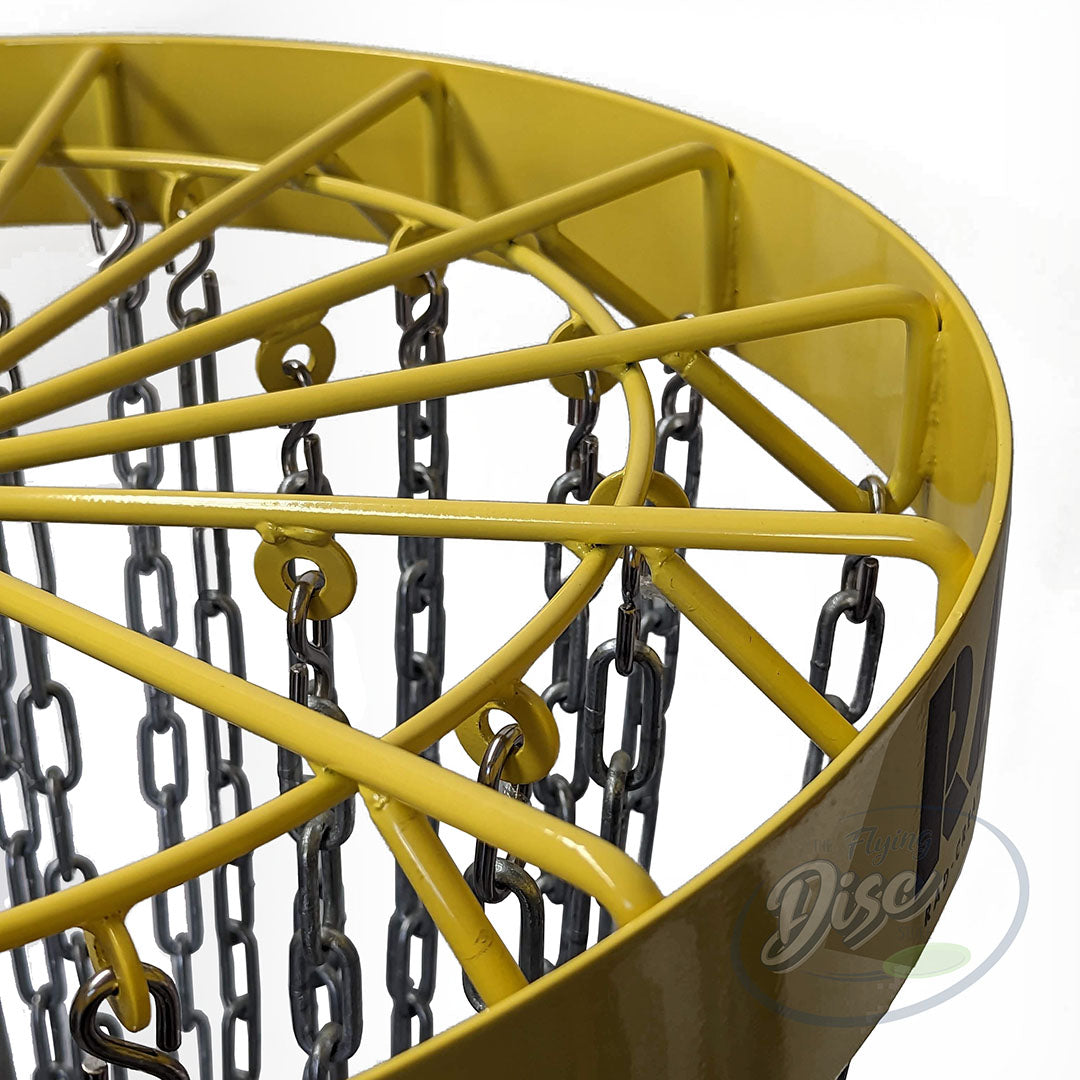 Close-up of the yellow powder-coated top frame and chain attachment points on the RAD ACE V2 permanent disc golf basket.