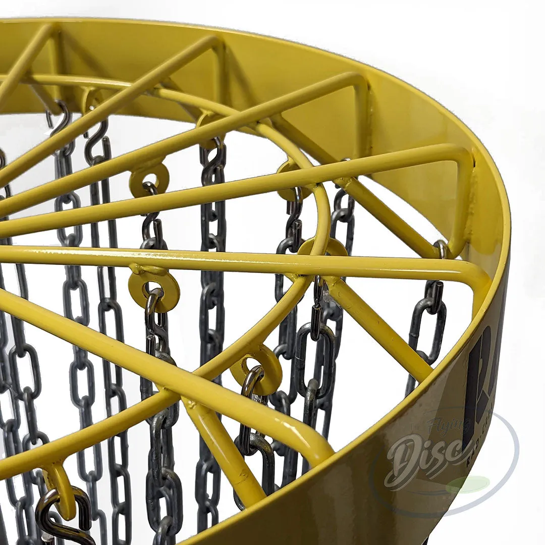 Close-up of the yellow powder-coated top frame and chain attachment points on the RAD ACE V2 permanent disc golf basket.