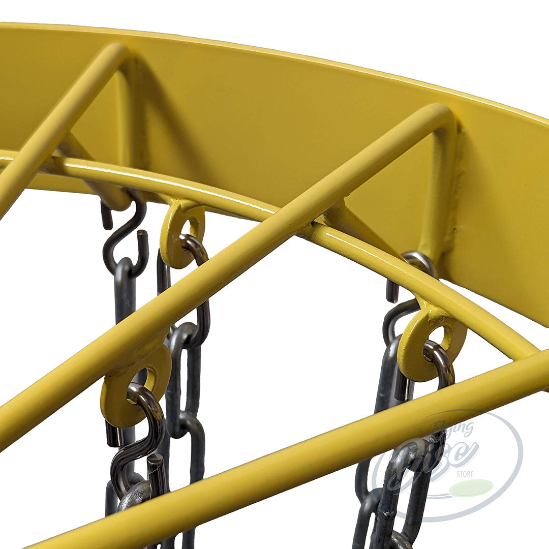 Close-up of the RAD ACE V2 yellow top frame showing reinforced supports and chain mounting points.
