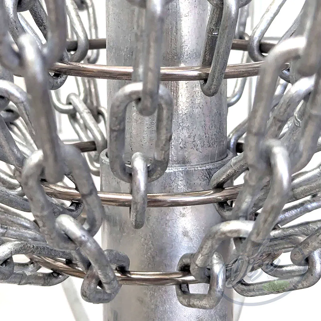 Close-up of the RAD ACE V2 disc golf basket lower chain assembly and galvanised centre pole.
