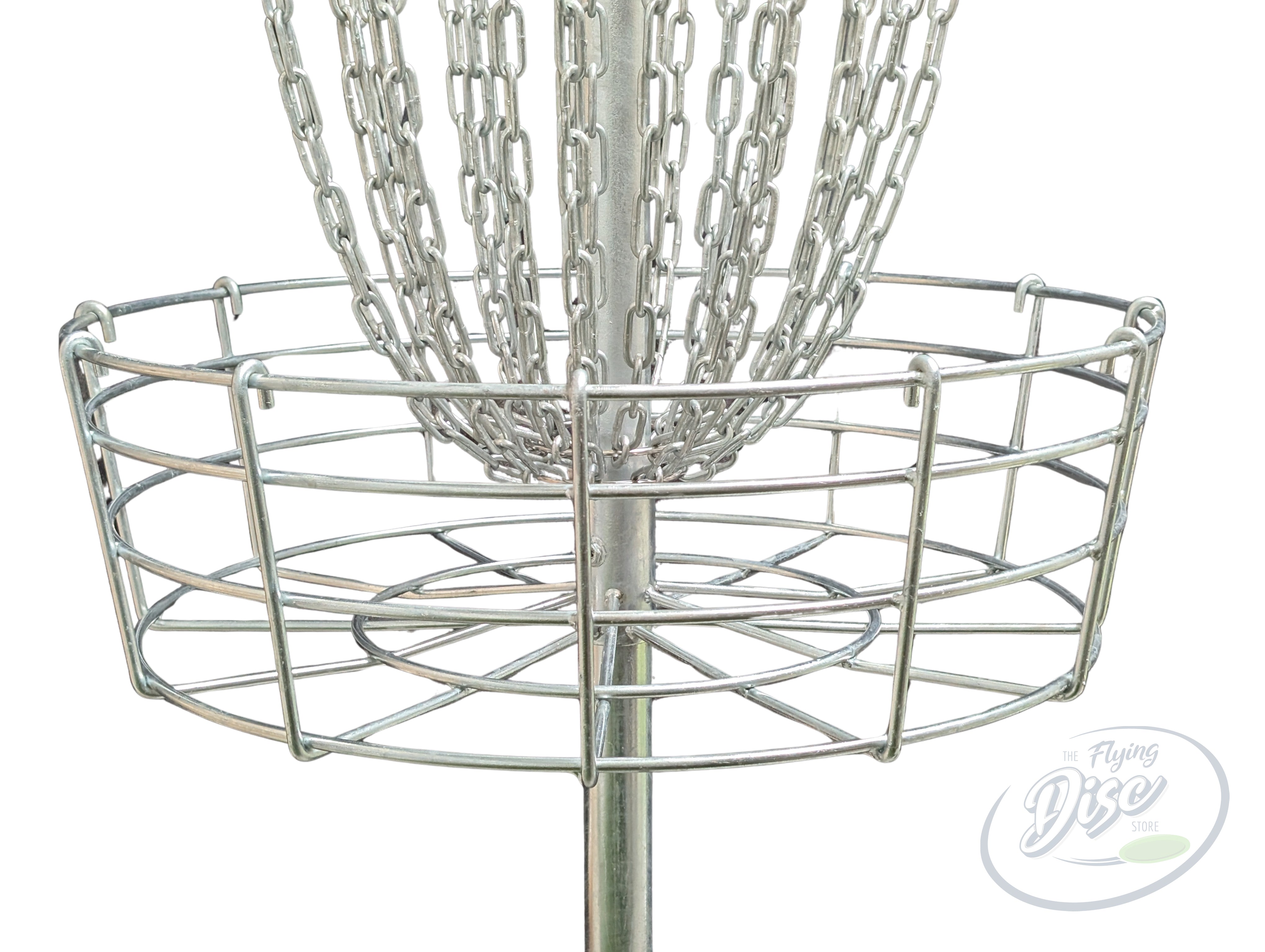 RAD EAGLE Premium disc golf basket catching tray and hanging chains on a white background.
