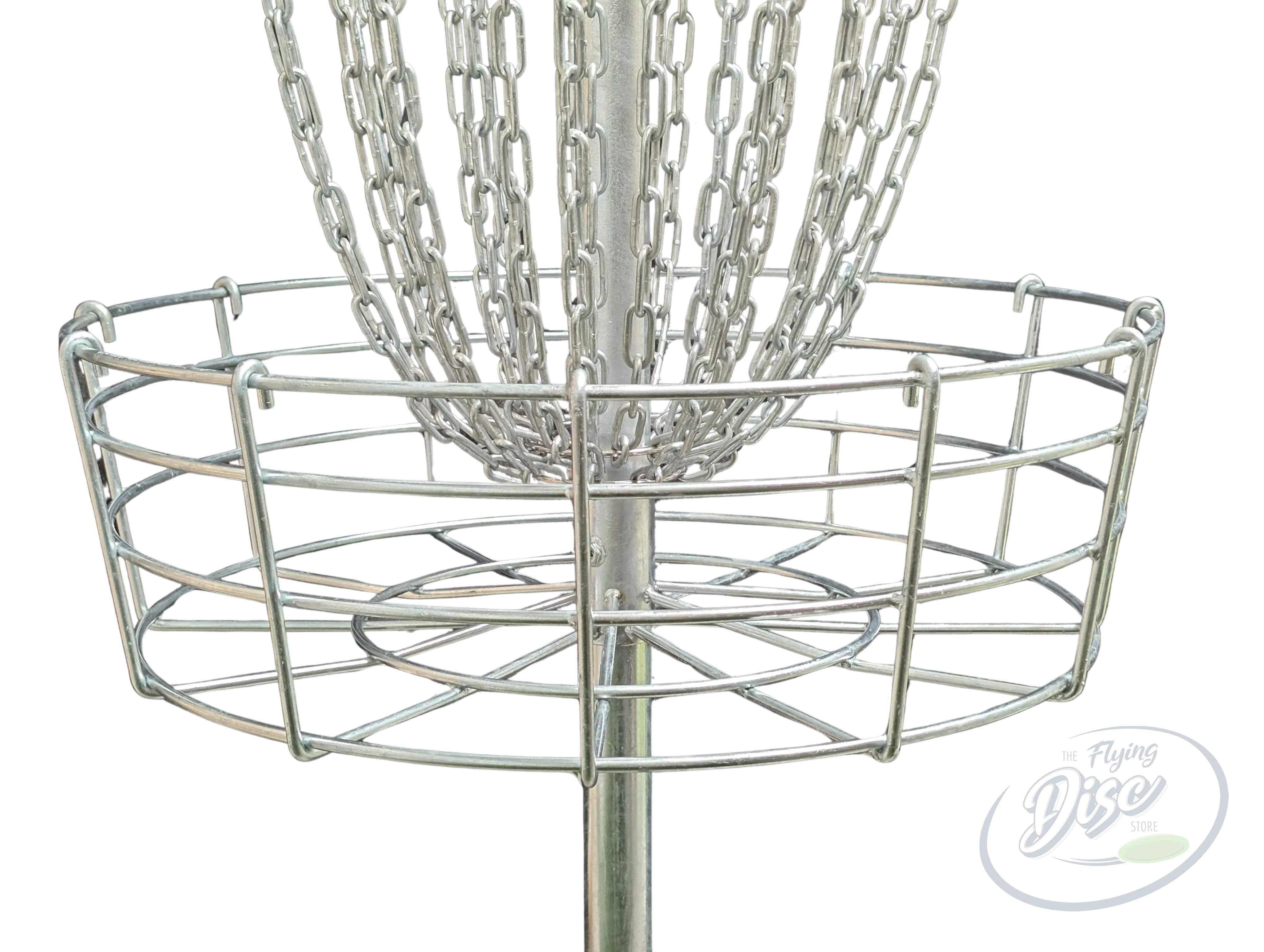 RAD EAGLE Premium disc golf basket catching tray and hanging chains on a white background.