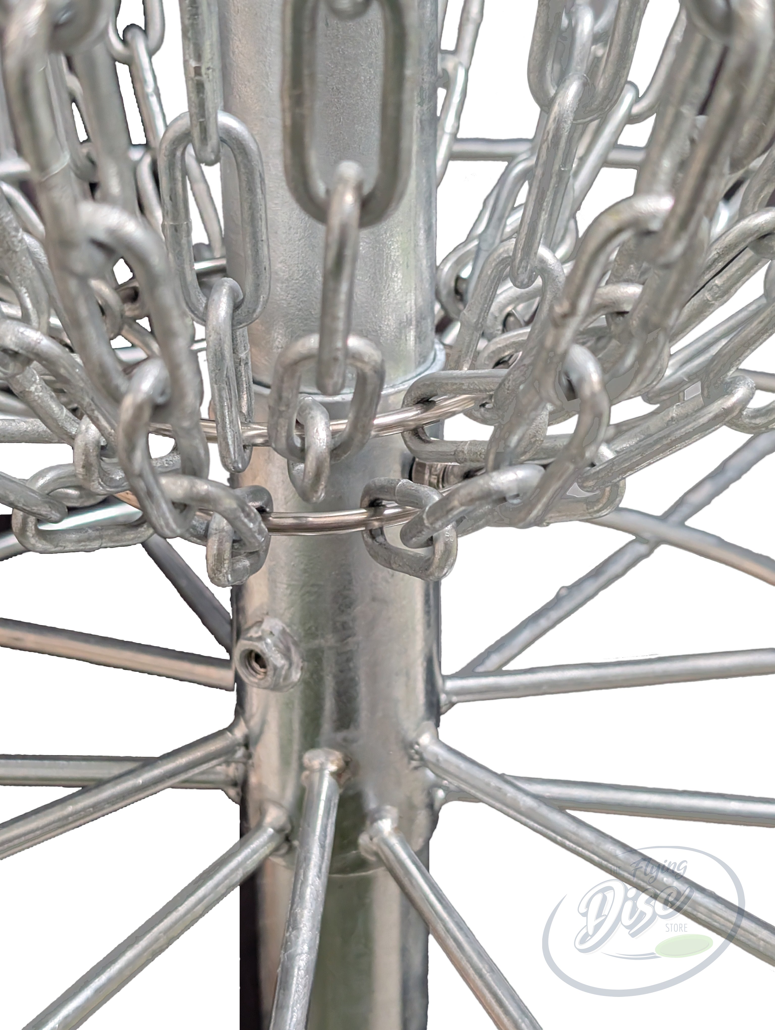 Close-up of the RAD EAGLE Premium disc golf basket chain assembly and central galvanised pole.