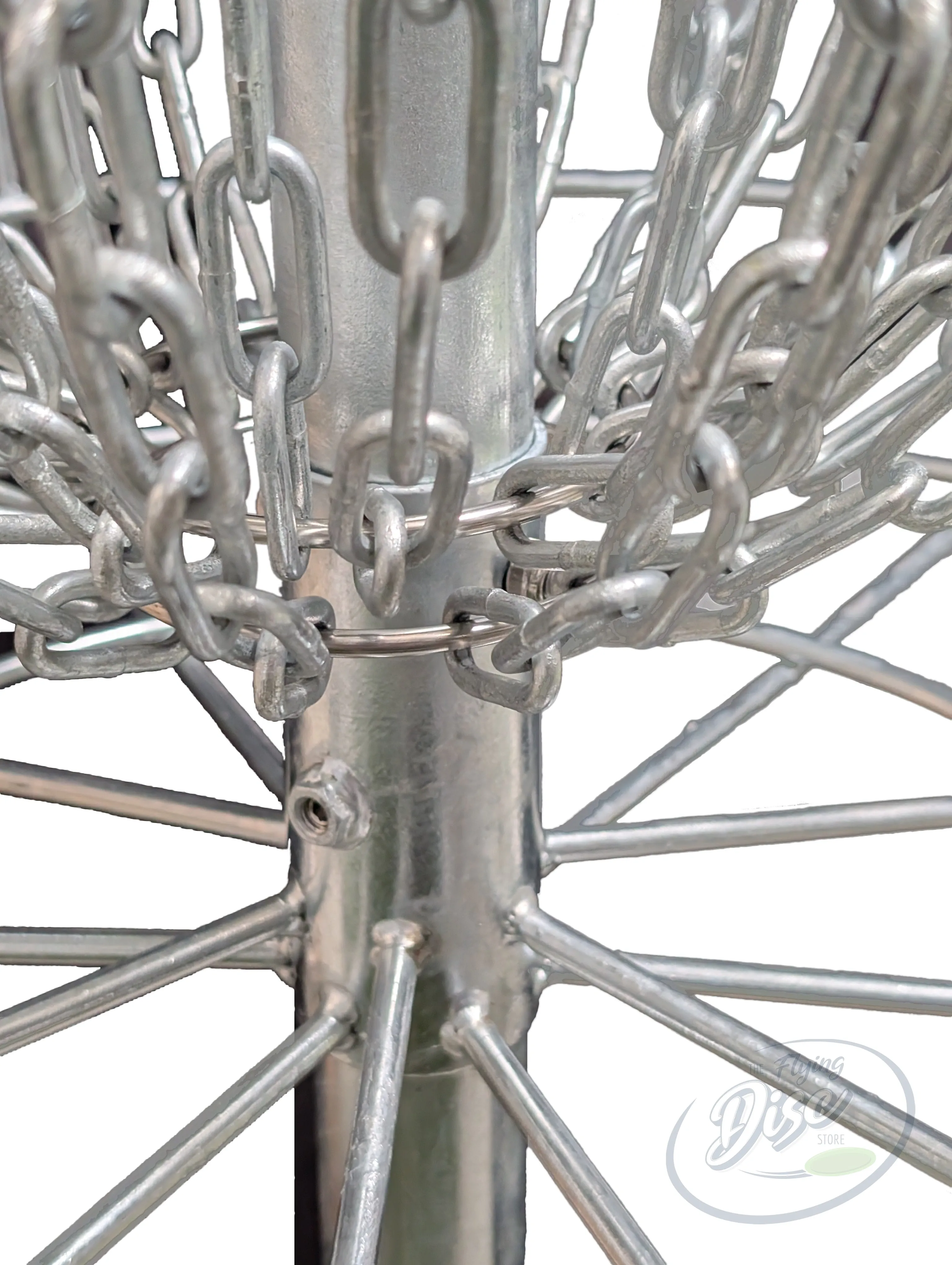 Close-up of the RAD EAGLE Premium disc golf basket chain assembly and central galvanised pole.
