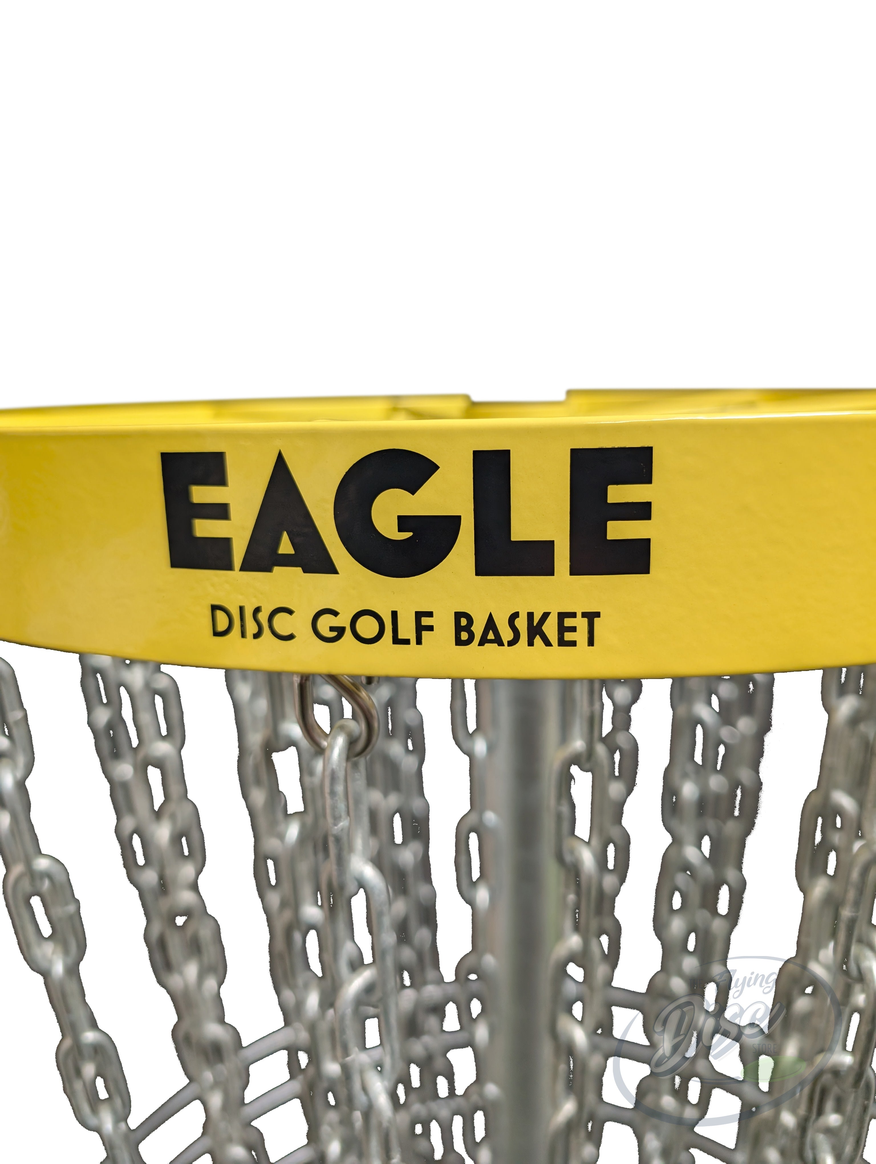 Close-up of the yellow RAD EAGLE Premium disc golf basket top band with Eagle branding and chains below.