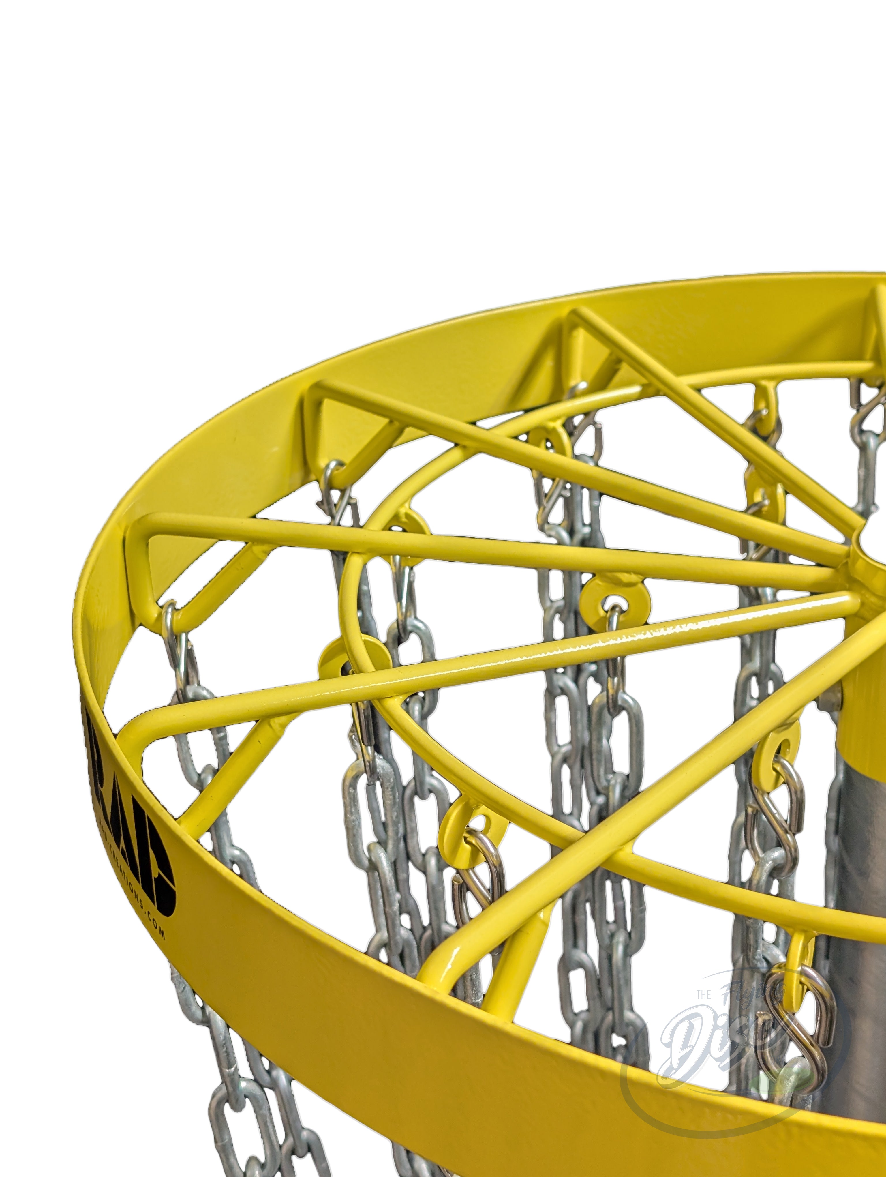 Close-up of the yellow powder-coated top frame and chain attachment points on the RAD EAGLE Premium disc golf basket.