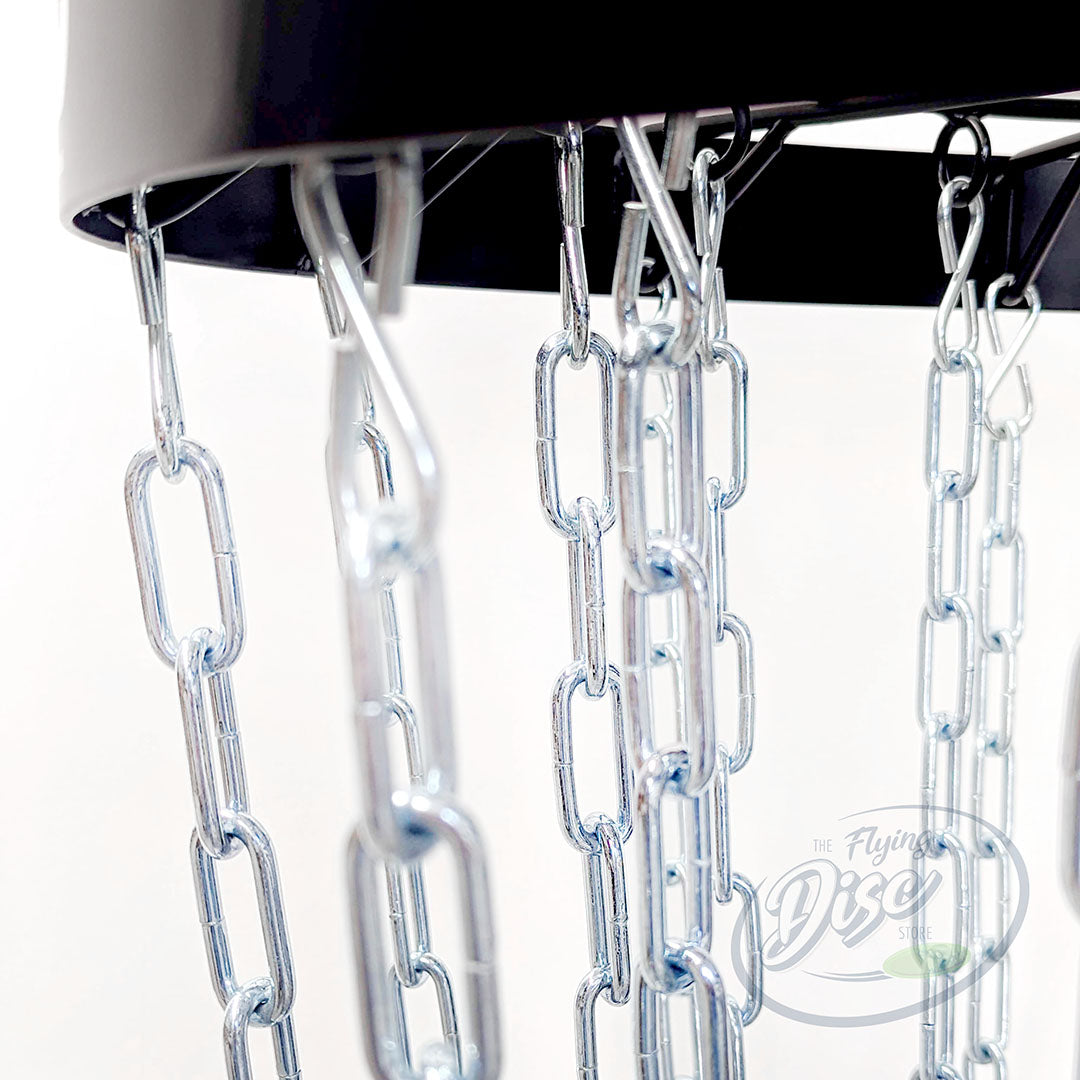 Close-up of the RAD Birdie Lite disc golf basket chains hanging from the black top band.
